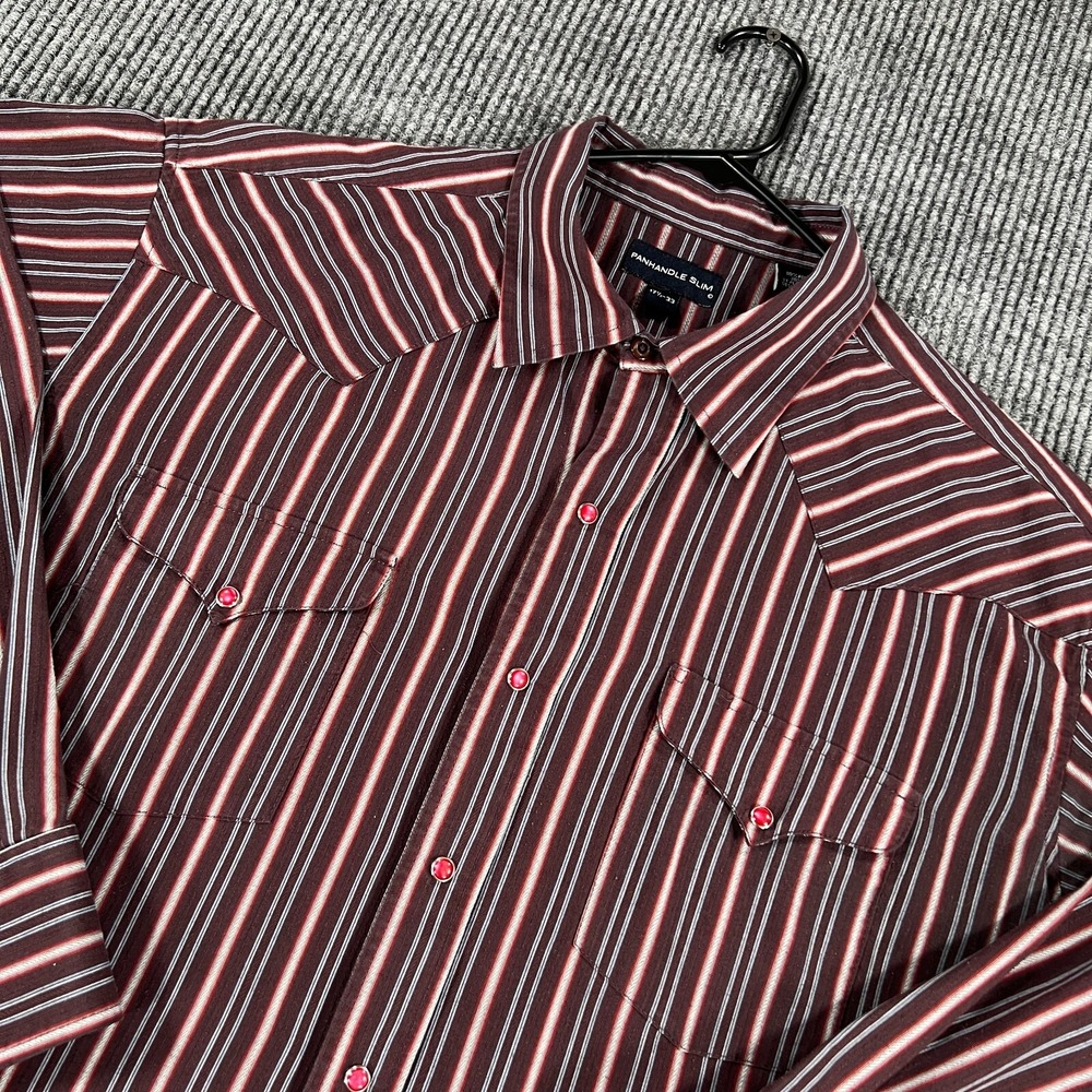 Panhandle Slim Shirt Mens 17.5 Red Striped Long Sleeve Pearl Snap Western